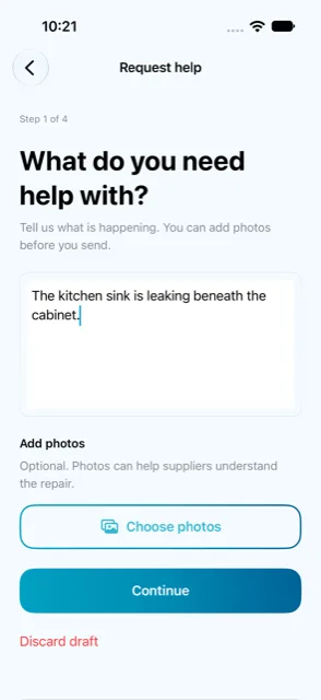 RepairMe Customer app: the "What do you need help with?" request screen