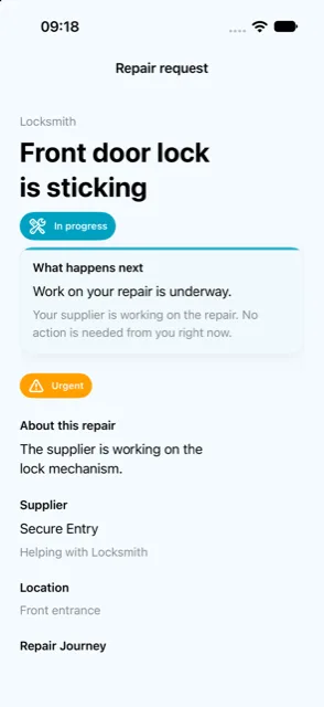 RepairMe Customer app: repair request detail, in-progress status