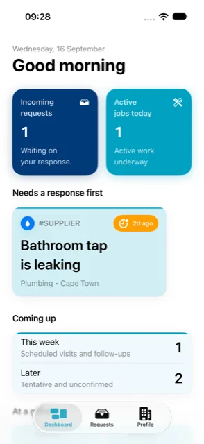 RepairMe Supplier app: dashboard job feed showing an incoming request